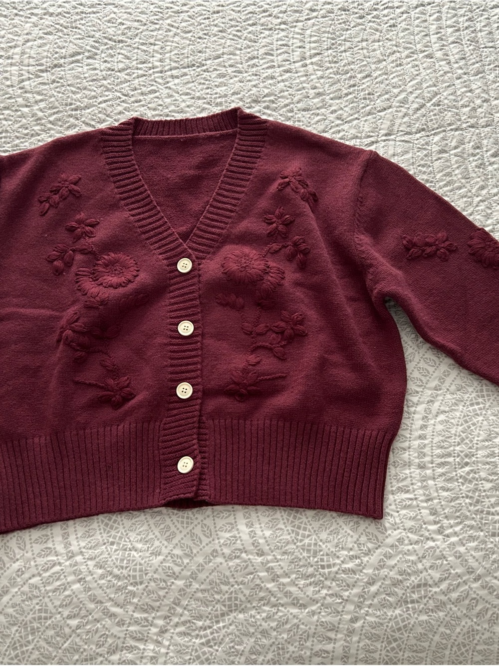 SHEIN Burgundy Embroidered V-Neck Cardigan